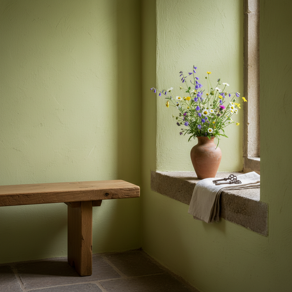 A refined still life inside the presbytery’s future community space: a rough-hewn oak bench placed against a newly lime-rendered wall, beside a deep-set window with a stone sill. On the sill, a simple clay vase holds freshly cut mountain wildflowers, while nearby lie a few antique keys and a folded linen cloth, suggesting continuity between past and future uses. Soft morning light pours through the window, creating delicate patterns on the wall and floor, with a gentle play of highlights on the vase and keys. Photographic realism, shot from a slightly low angle with shallow depth of field, lending a tranquil, sophisticated atmosphere that evokes living heritage and intimate village life, without including any human figures or written elements.